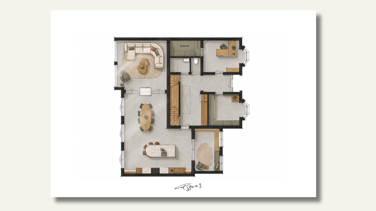 Ingekleurde plattegrond op schaal met meubels