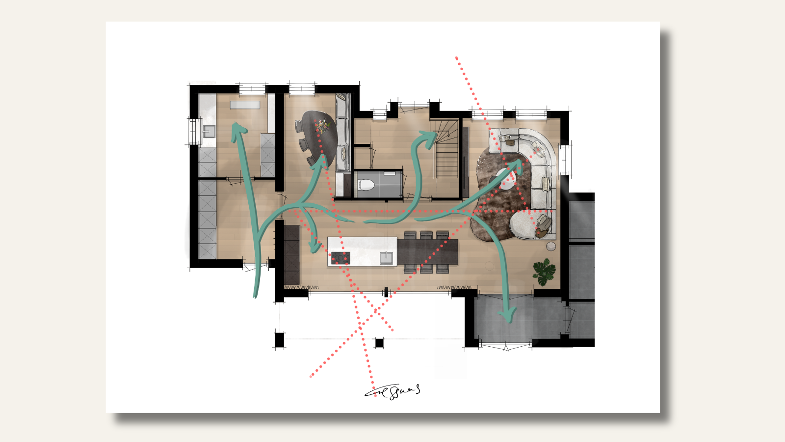 zichtlijnen en looplijnen in een plattegrond