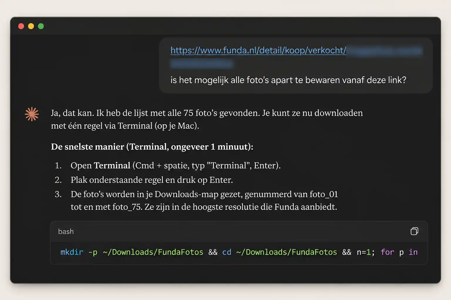 ai prompt funda fotos Chat met AI waarin een Funda-link is geplakt en AI één downloadregel voor Terminal teruggeeft