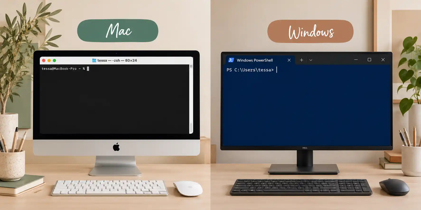 terminal mac en powershell windows Leeg Terminal-venster op een Mac naast een leeg PowerShell-venster op Windows