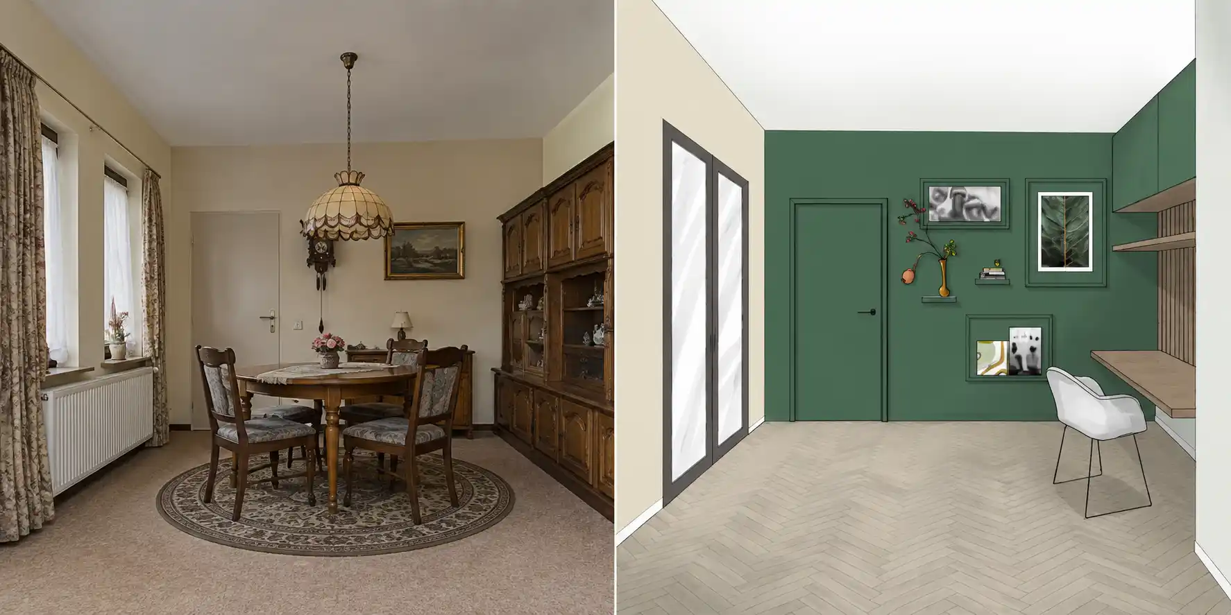 woningfoto naar interieurschets sketchbook Foto van een woonkamer naast een interieurschets van dezelfde ruimte, getekend in Sketchbook op de iPa